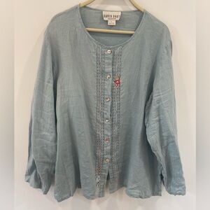 Vintage Blue Embroidered lace floral Women's Top- Linen Sz Large